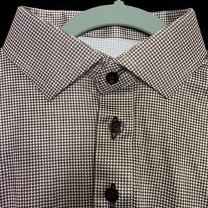 Collars & Co Polo Shirt Mens M Brown Houndstooth Performance Preppy Stretch NEW
